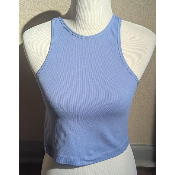 Calvin Klein Performance Ribbed High Neck Crop Tank Top Blue L Large - Picture 1 of 3